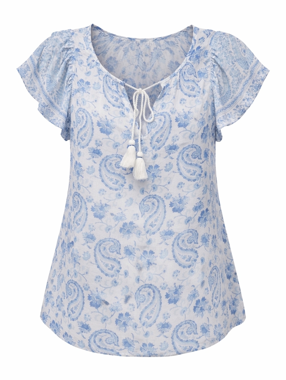 Lucky Brand Peasant Top Floral Paisley Boho Tassels flutter short sleeve M